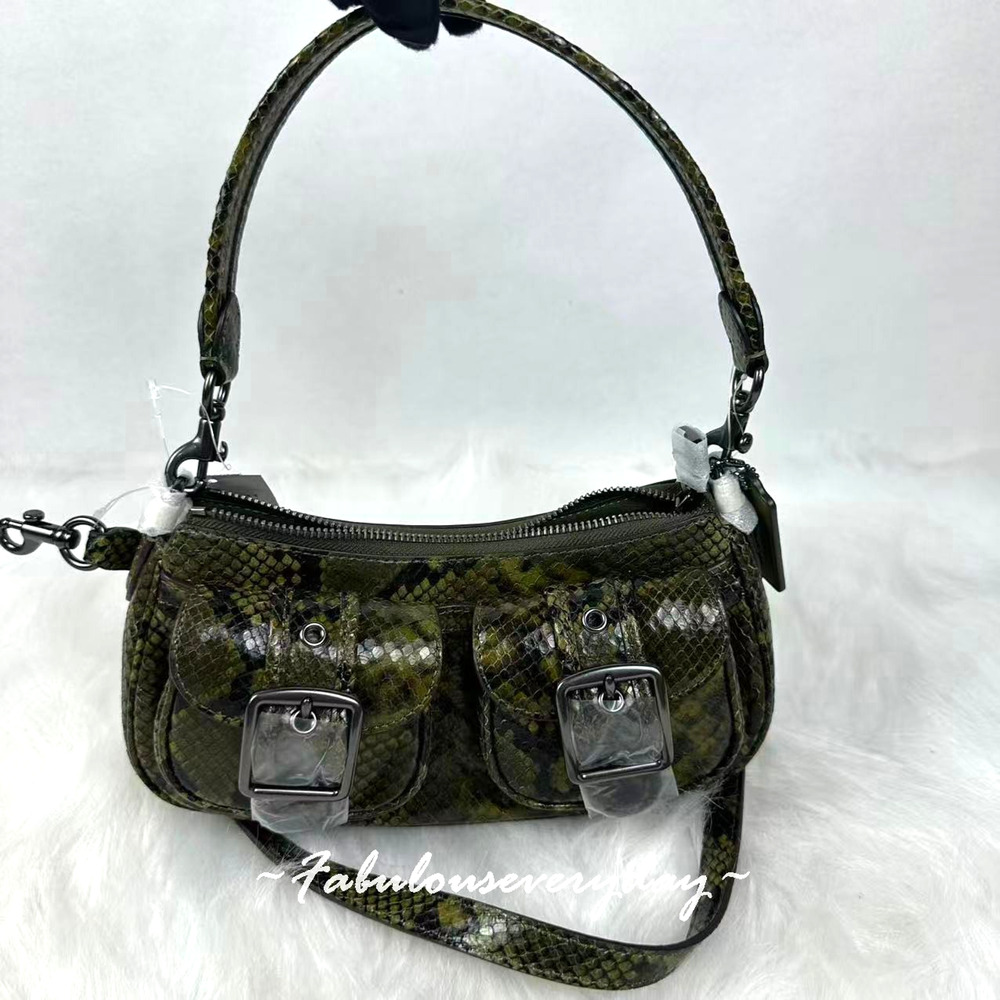 Coach Ashton Shoulder Bag Signature Jacquard Snake Embossed Leather/Olive CCE38
